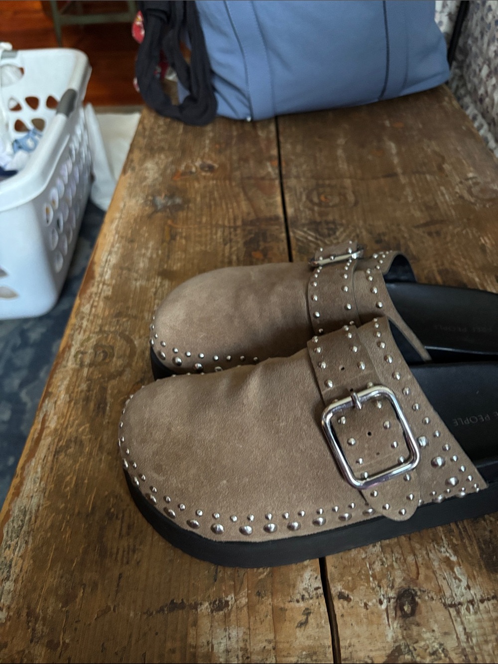 Free People Taupe Suede Studded Platform Clog Mules - Picture 5 of 6